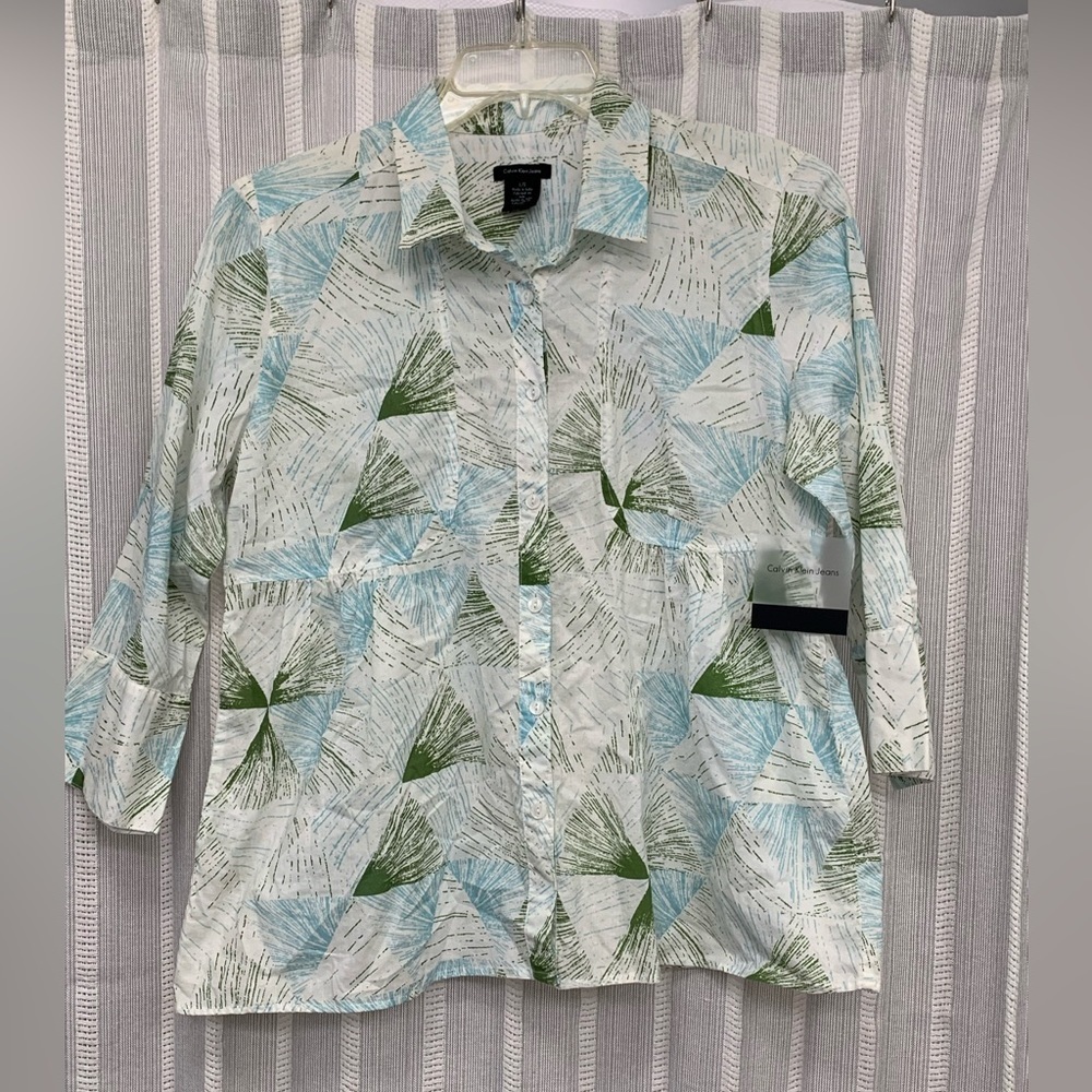 Calvin Klein Jeans NWT Button Up Cotton Shirt Blue Green White 3/4 Sleeve Size L